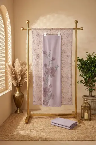 [2608230206] Pastel Lilac Embroidered Semi-Sheer Unstitched Dress Material Suit