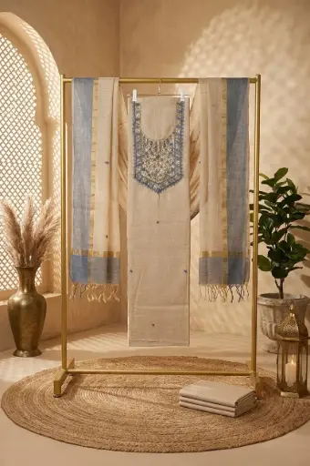 [2608230211] Beige Handloom Silk Embroidered Unstitched Suit Material