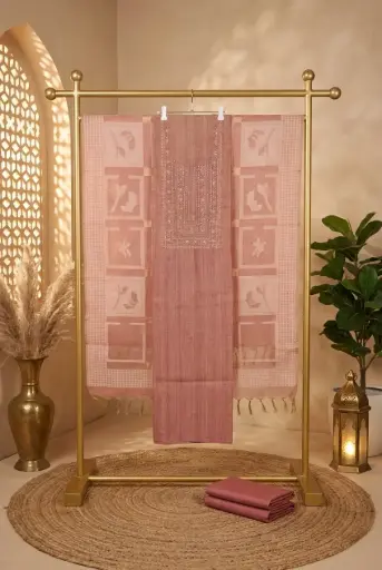 [2608230212] Dusty Rose Embroidered Unstitched Chanderi Silk Suit Material