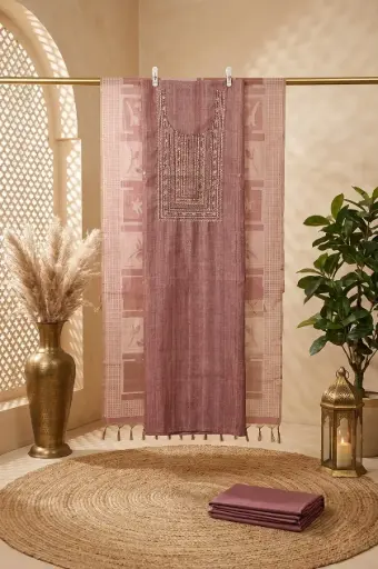 [2608230213] Dusty Mauve Embroidered Slub Silk Unstitched Suit Set
