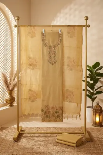 [2608230215] Beige Handloom Silk Embroidered Unstitched Dress Material Suit Set