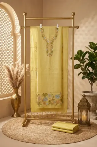 [2608230216] Pastel Yellow Embroidered Linen Unstitched Dress Material Suit Set