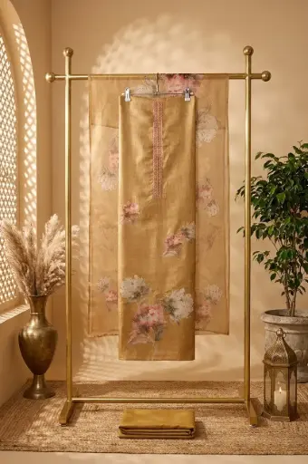 [2608230218] Golden Beige Handloom Silk Floral Unstitched Suit Material