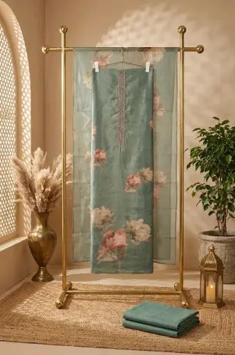 [2608230219] Sage Green Floral Printed Silk Unstitched Salwar Suit Set