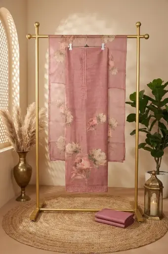 [2608230221] Designer Rose Pink Unstitched Chanderi Salwar Suit Material