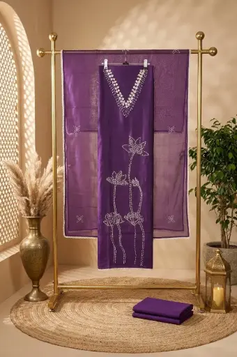 [2608230222] Purple Silk Unstitched Suit Material with Floral Pearl Embroidery