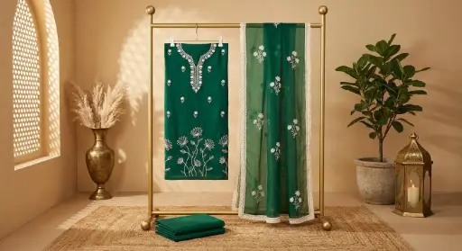 [2608230223] Emerald Green Chanderi Silk Embroidered Unstitched Suit Material