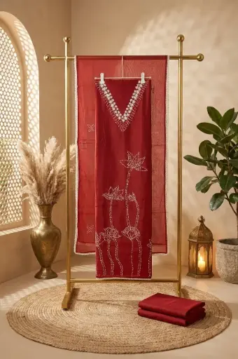 [2608230224] Crimson Red Embroidered Unstitched Chanderi Suit Material Set