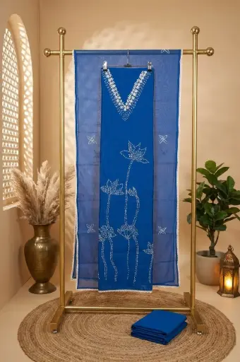 [2608230225] Royal Blue Hand Embroidered Chanderi Unstitched Dress Material