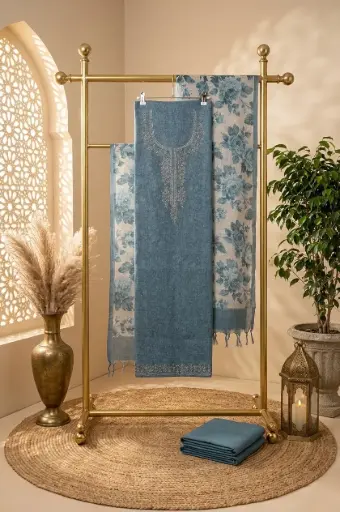 [2608230231] Dusty Blue Embroidered Linen Unstitched Dress Material Suit Set