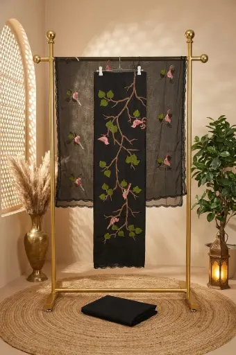[2608230234] Black Embroidered Silk Unstitched Salwar Suit Material Set