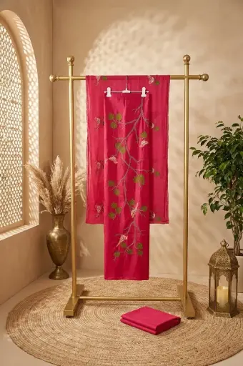 [2608230235] Rani Pink Embroidered Silk Unstitched Suit Material Set