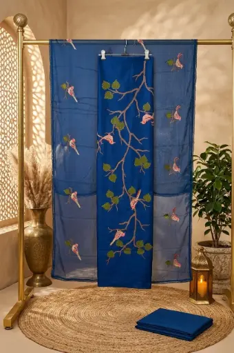 [2608230236] Royal Blue Embroidered Silk Unstitched Dress Material Set