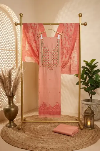 [2608230301] Peach Chanderi Silk Embroidered Unstitched Salwar Suit Material