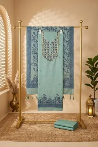 [2608230302] Pastel Mint Green Chanderi Embroidered Unstitched Suit Set