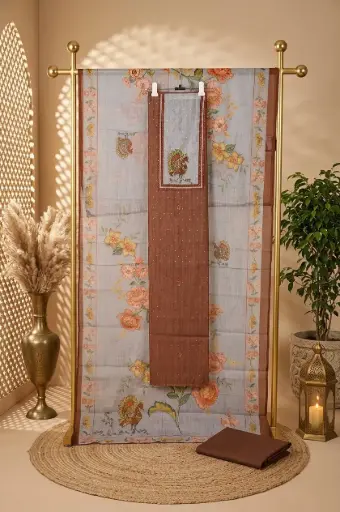 [2608230305] Rust Brown and Grey Kalamkari Peacock Embroidered Unstitched Suit