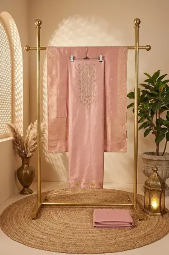 [2608230308] Blush Pink Handloom Silk Unstitched Suit Material with Dupatta