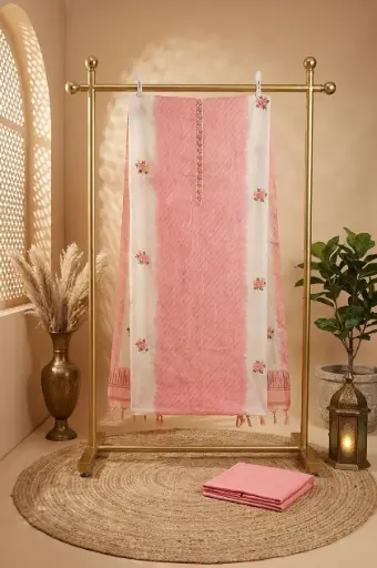 [2608230312] Pastel Pink Embroidered Unstitched Chanderi Cotton Suit Material
