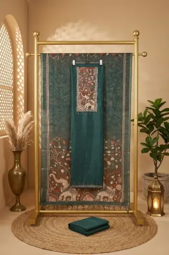 [2608230316] Kalamkari Printed Teal Green Unstitched Silk Suit Material Set