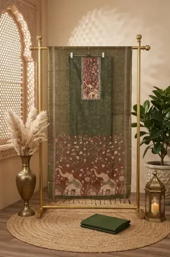 [2608230317] Olive Green Kalamkari Handcrafted Unstitched Silk Suit Material Set