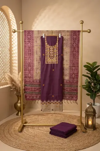 [2608230318] Wine Purple Handloom Silk Unstitched Salwar Suit Set