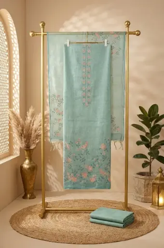 [2608230327] Sea Green Linen Silk Embroidered Unstitched Dress Material