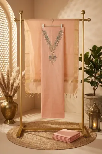 [2608230329] Peach Chanderi Silk Unstitched Suit with Embroidered Neckline