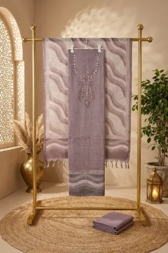[2608230332] Dusty Mauve Embroidered Linen Silk Unstitched Suit Material
