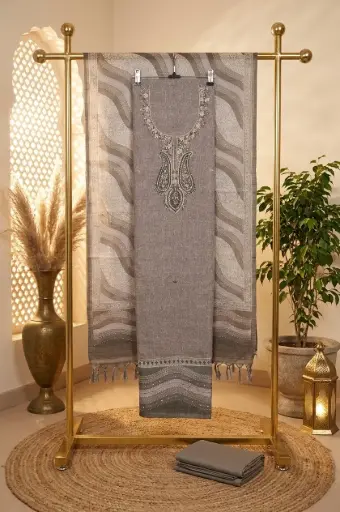 [2608230333] Grey Embroidered Linen Blend Unstitched Salwar Suit Material