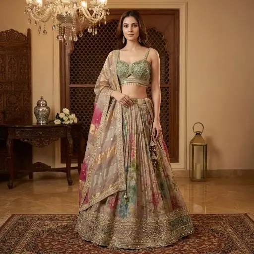 [2608260105] Blush Taupe Floral Organza Designer Lehenga Choli Set