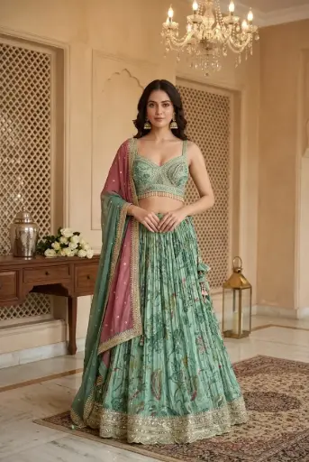 [2608260107] Sea Green Printed Chinon Lehenga Set with Embellished Blouse