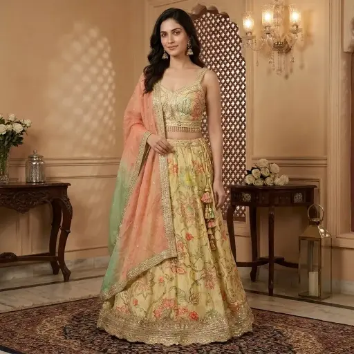 [2608260108] Pastel Yellow Floral Printed Silk Lehenga Choli Set