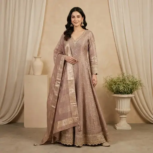 [2608260109] Dusty Mauve Zari Woven Anarkali Gown with Dupatta