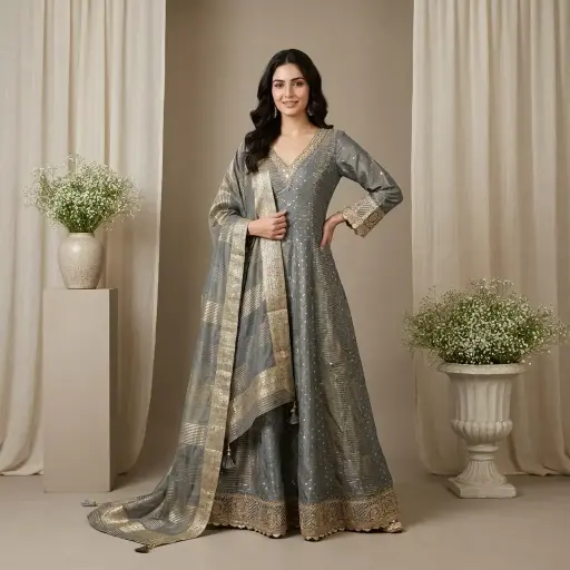 [2608260110] Slate Grey Banarasi Woven Anarkali Gown Set with Dupatta