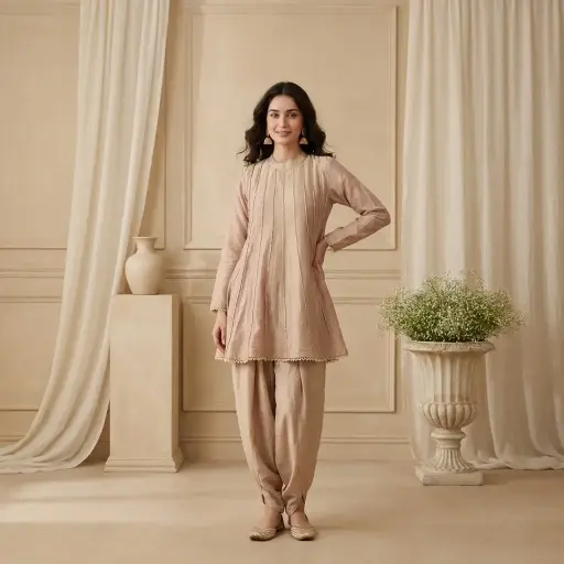 [2608260115] Dual-Tone Mauve Tissue Silk Flared Kurti Dhoti Set