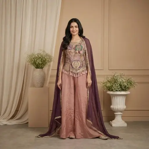 [2608260117] Dusty Rose and Plum Hand-Embroidered Crop Top Palazzo Set