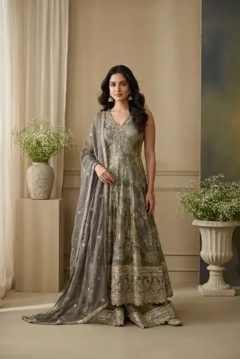 [2608260201] Olive Grey Printed Silk Anarkali Gown with Embroidered Dupatta