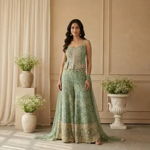 [2608260202] Sage Green Printed Sharara Set with Embellished Crop Top
