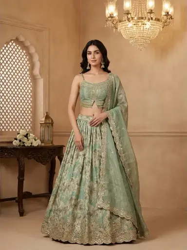 [2608260203] Sage Green Floral Printed Lehenga Set with Embellished Blouse