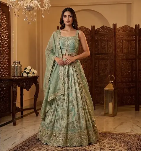 [2608260204] Sage Green Floral Printed Lehenga Set with Embellished Choli