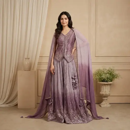 [2608260205] Mauve Embroidered Crop Top Sharara Set with Dupatta