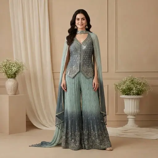 [2608260206] Teal Ombre Crushed Sharara Set with Embroidered Top