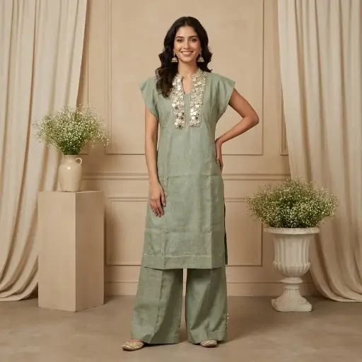 [2608270108] Sage Green Embellished Indo-Western Tunic and Trouser Set