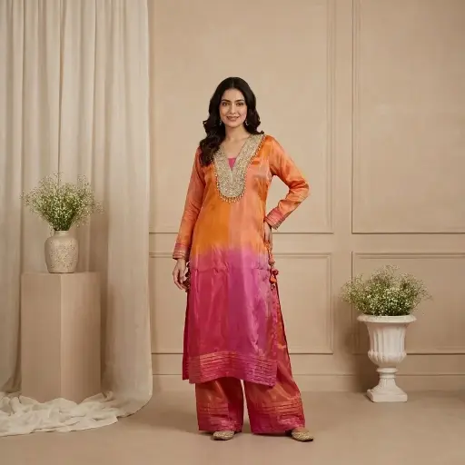 [2608270122] Sunset Orange n Magenta Ombre Tissue Indo-Western Kurta Set
