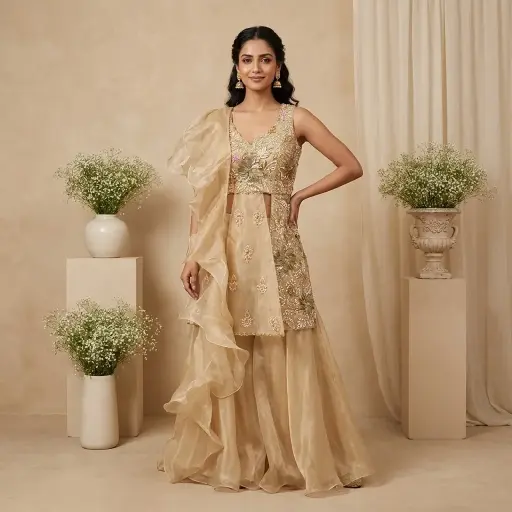 [2608270124] Champagne Gold Hand-Embroidered Organza Indo-Western Sharara Set