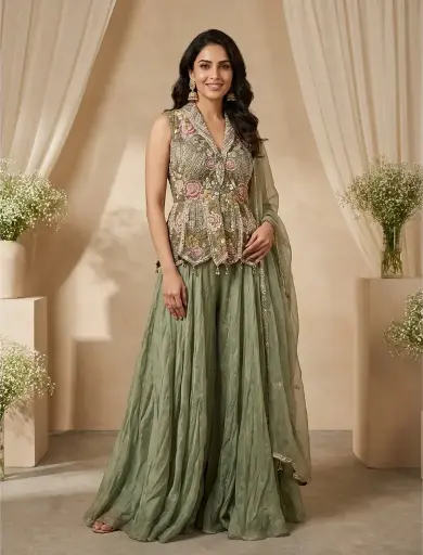 [2608270614] Sage Green Hand-Embroidered Peplum Top with Flared Lehenga Skirt
