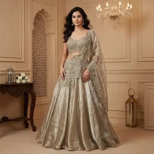 [2608270616] Champagne Metallic Tissue Lehenga Set with Tassel Fringe Blouse