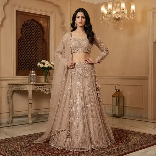 [2608270618] Champagne Rose Embroidered Net Lehenga Choli Set