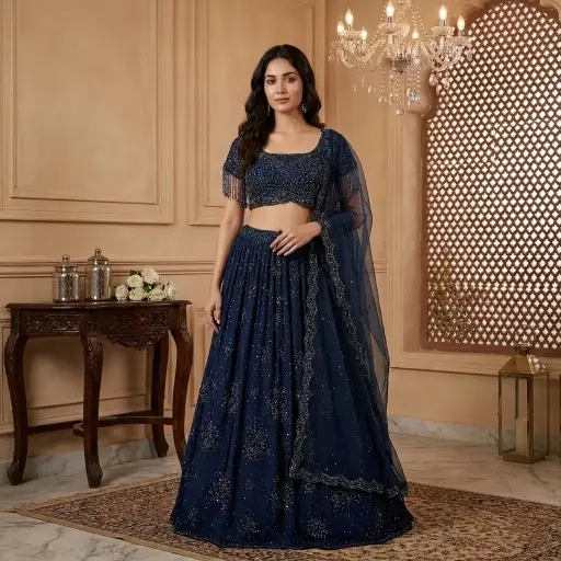 [2608270619] Midnight Blue Cutdana n Sequin Embroidered Designer Lehenga Set