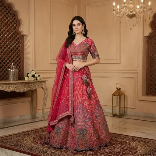 [2608290601] Rani Pink Embroidered Silk Designer Lehenga Choli Set